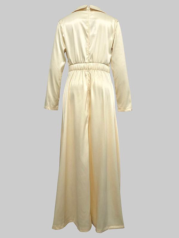 A-Line High Waisted Pleated Solid Color V-Neck Maxi Dresses Product Image