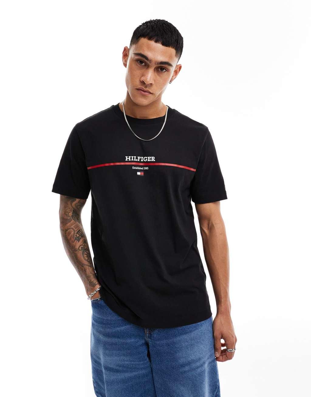 Tommy Hilfiger stripe logo t-shirt in black Product Image