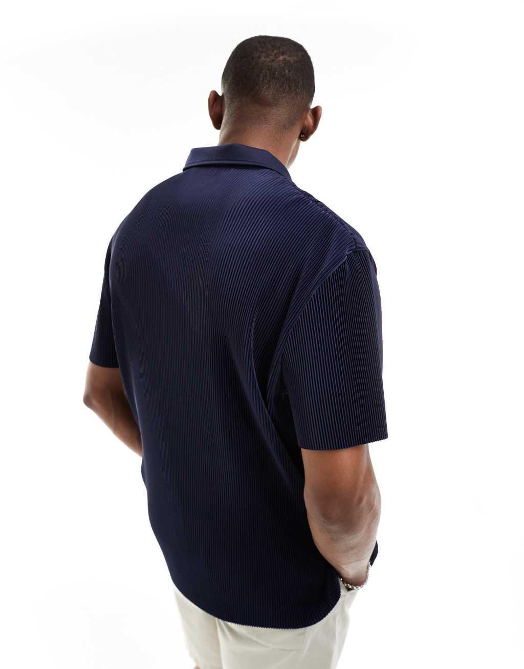 ASOS DESIGN relaxed revere plisse polo in navy Product Image