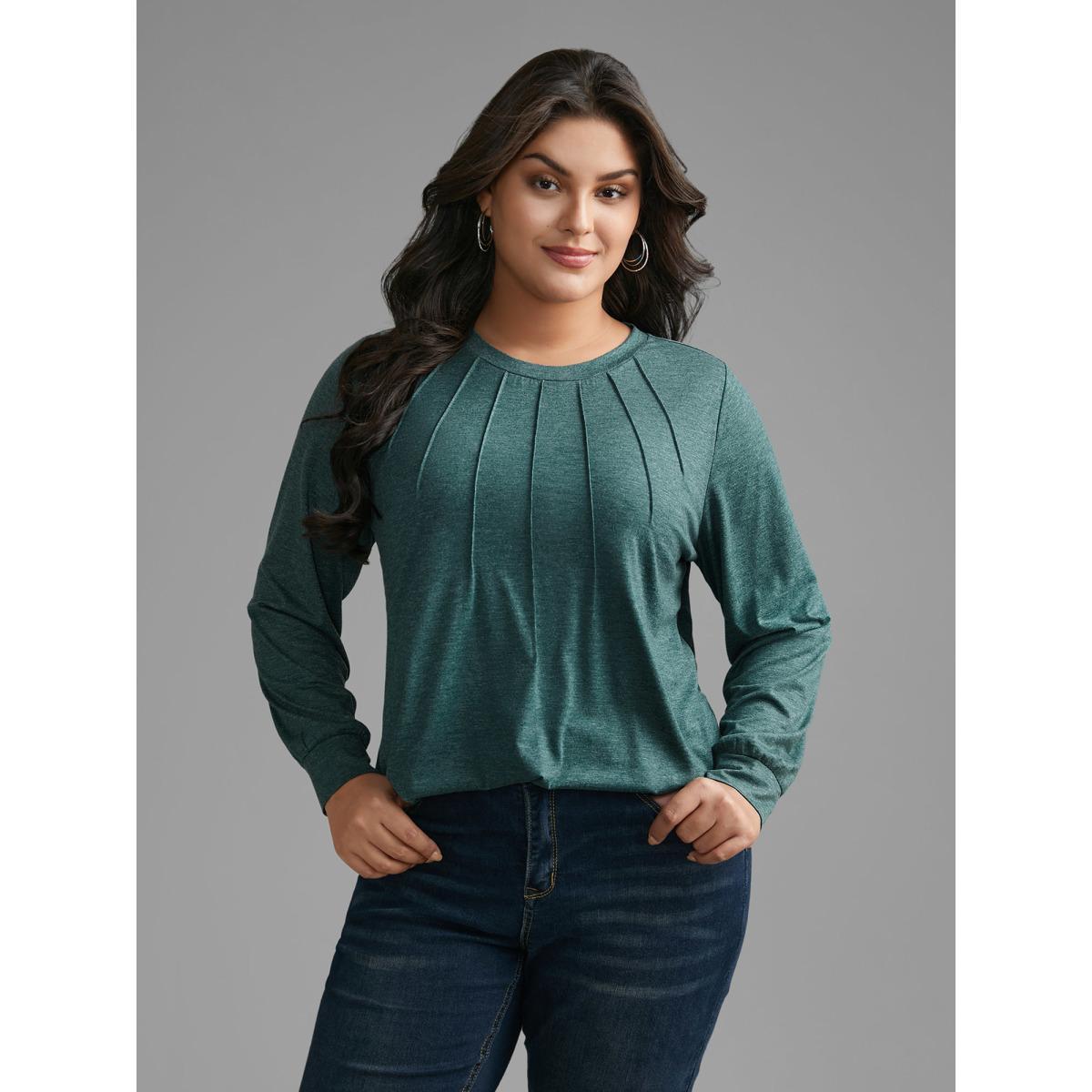 Plus Size Solid Heather Round Neck Pleated T-shirt DarkGreen Women Casual Pleated Round Neck Everyday T-shirts BloomChic 28/5X Product Image