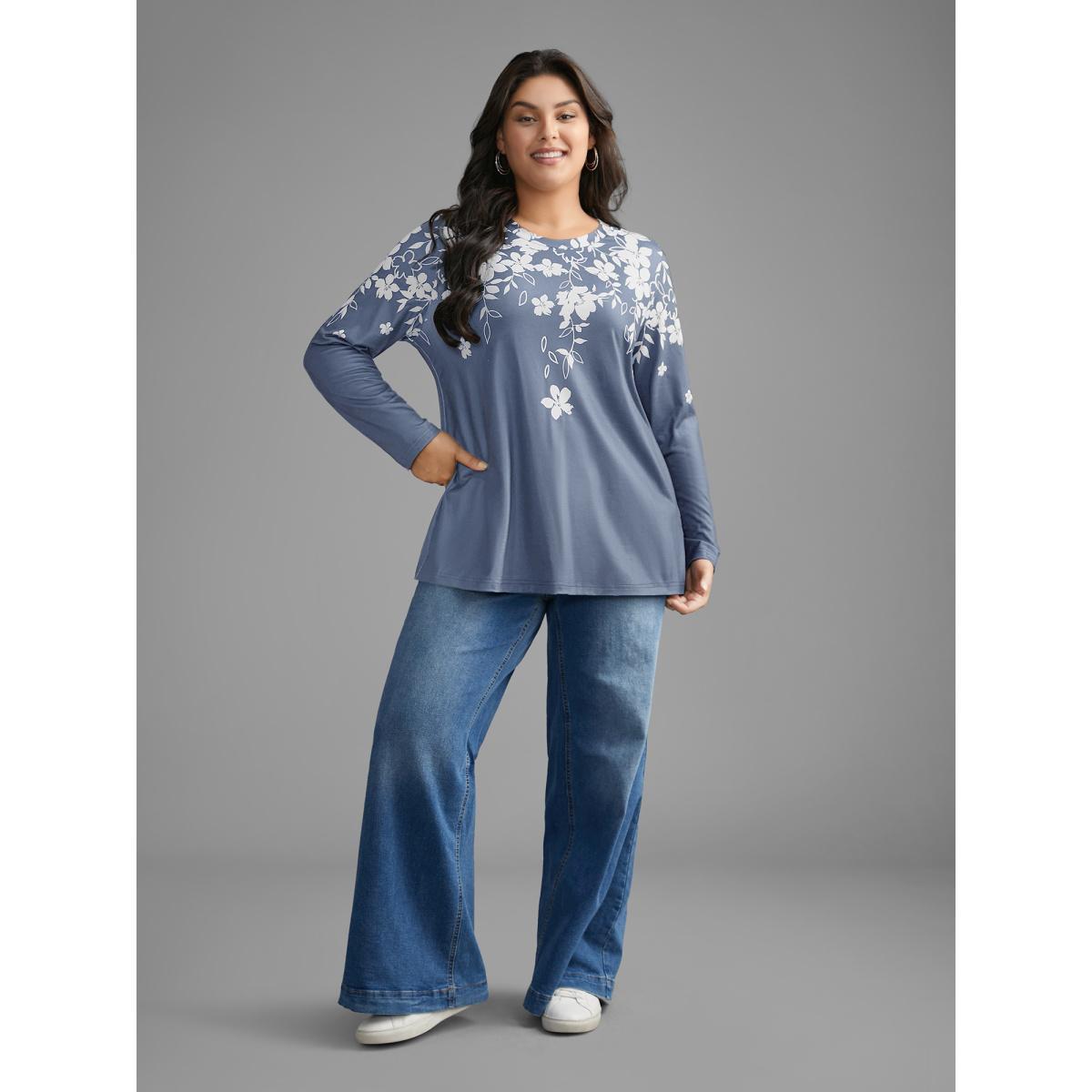 Plus Size Round Neck Boho Print T-Shirt Stone Women Casual Contrast Natural Flowers Round Neck Everyday T-shirts BloomChic 14-16/1X Product Image