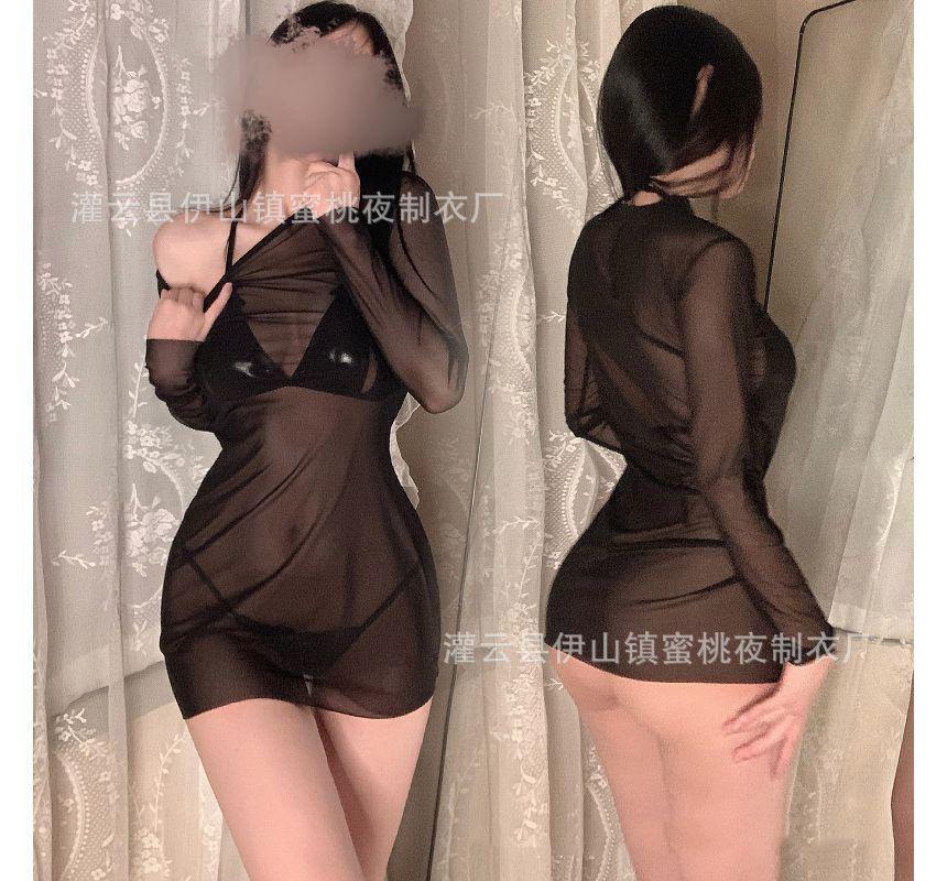 Halter Plain Faux Leather Bralette / G-String / Long-Sleeve Mesh Chemise / Stockings / Set Product Image