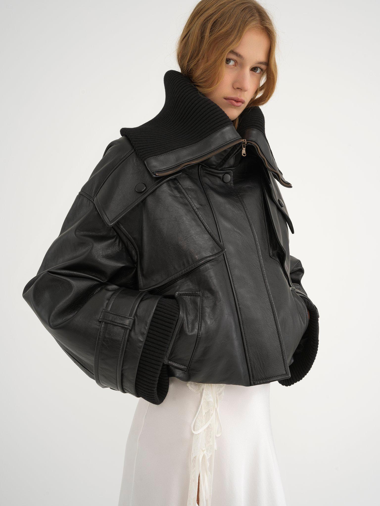 Short bomber jacket in soft leather Product Image