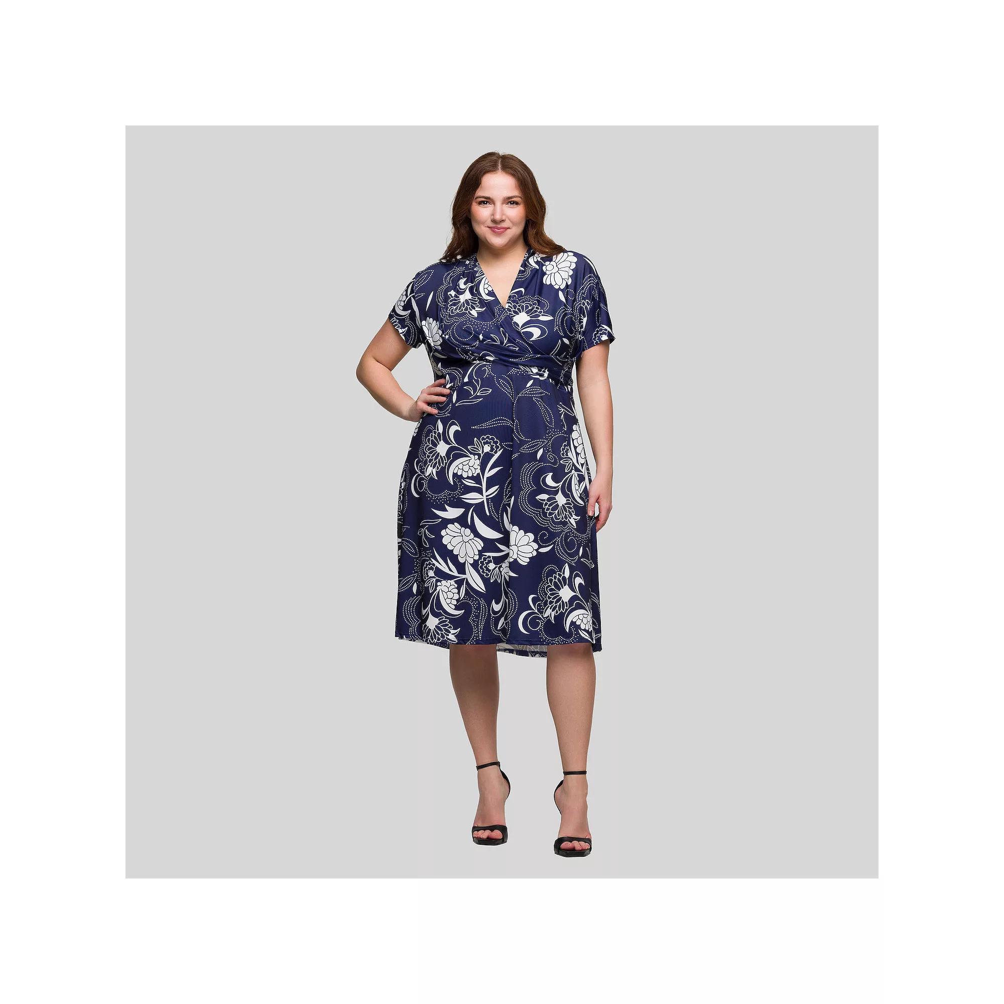 Plus Size 24Seven Comfort Apparel V-Neck Knee Length Short Sleeve Wrap Dress, Women's, Size: 1XL, Blue Team Product Image