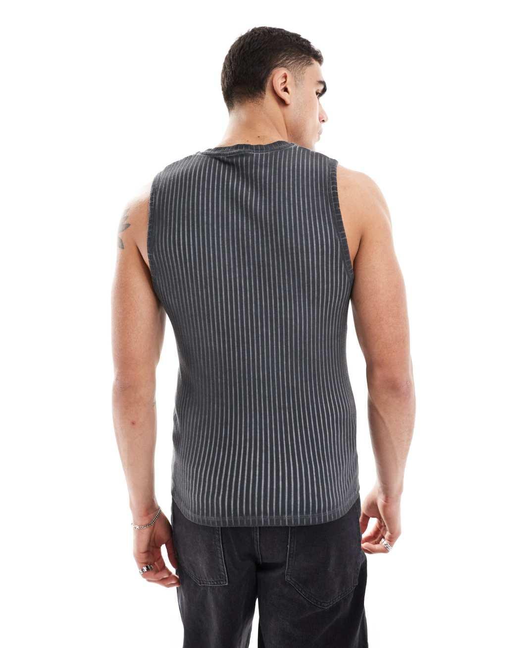 ASOS DESIGN muscle fit tank top in ribbed charcoal oil wash Product Image