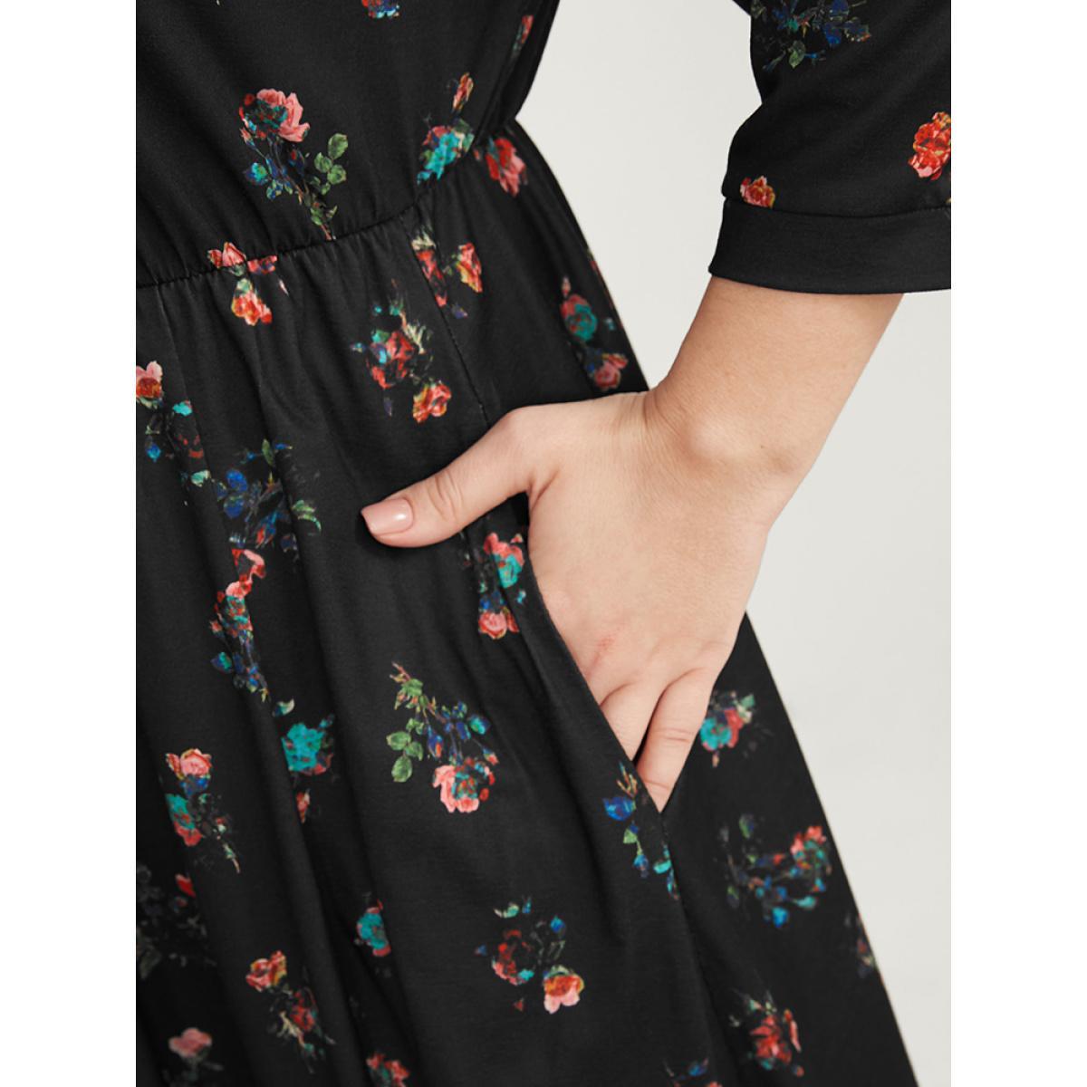Plus Size Ditsy Floral Button Up Pocket Split Hem Dress BlackFlower Women Elegant Slit V-neck Curvy Midi Dress BloomChic 12/L Product Image