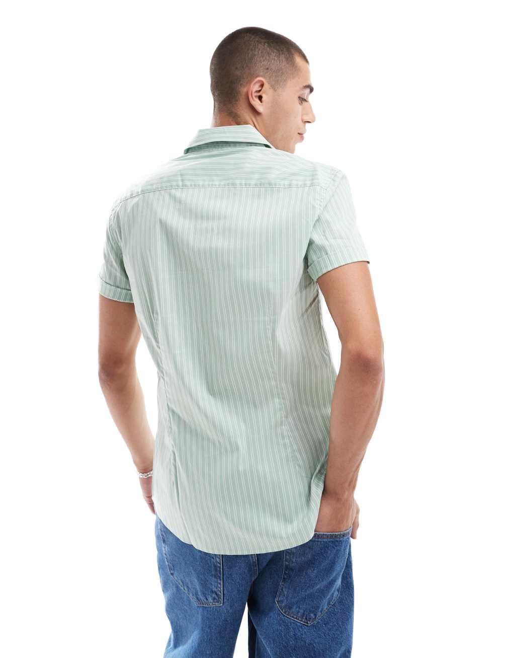 ASOS DESIGN slim work shirt in green and white stripe Product Image