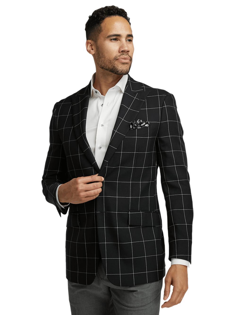 Wool Windowpane Single Breasted Peak Lapel Sport Coat - Black Product Image