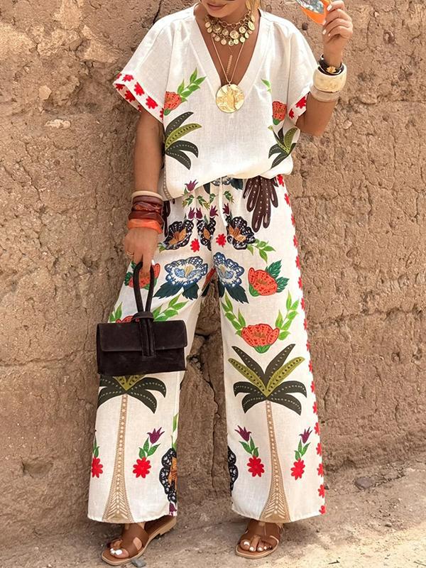 High Waisted Loose Drawstring Elasticity Printed Split-Joint Pants Trousers Product Image