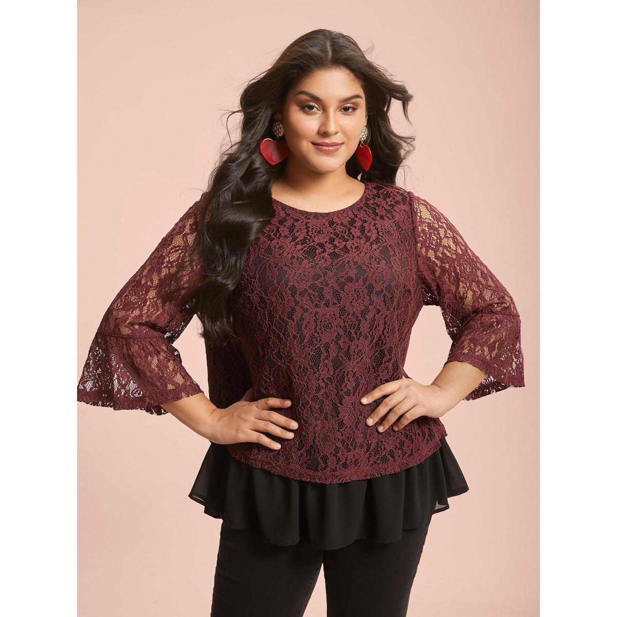 Plus Size Burgundy Round Neck Contrast Lace Ruffled Sleeve Blouse Women Elegant Elbow-length sleeve Round Neck Everyday Blouses BloomChic 12/L Product Image