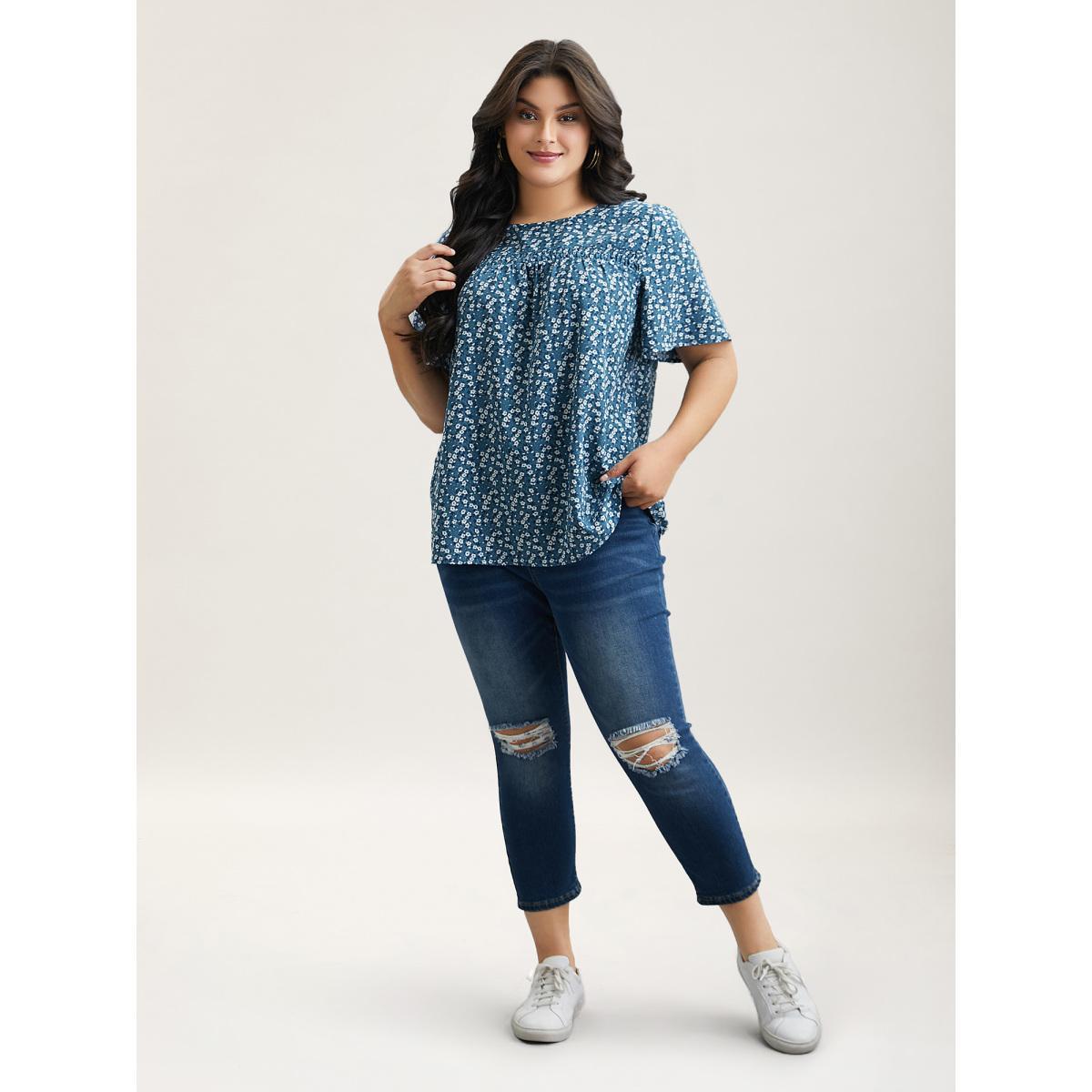 Plus Size Aegean Floral Ruffle Sleeve Gathered Round Neck Blouse Women Leisure Short sleeve Round Neck Casual Blouses BloomChic 10/M Product Image