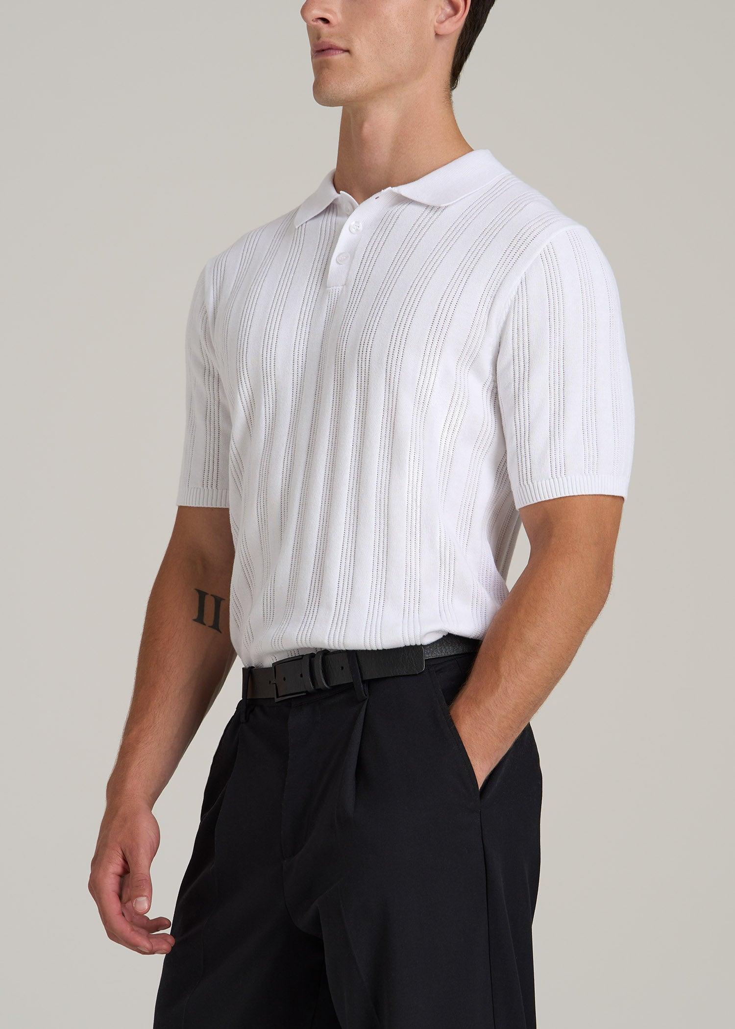 Ribbed Textured Knit Tall Men's Polo Shirt in White Product Image