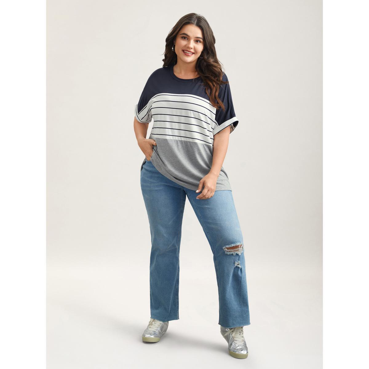 Plus Size Color-Block Stretchy Stripes T-Shirt DarkBlue Women Leisure Contrast Round Neck Casual T-shirts BloomChic 14-16/1X Product Image