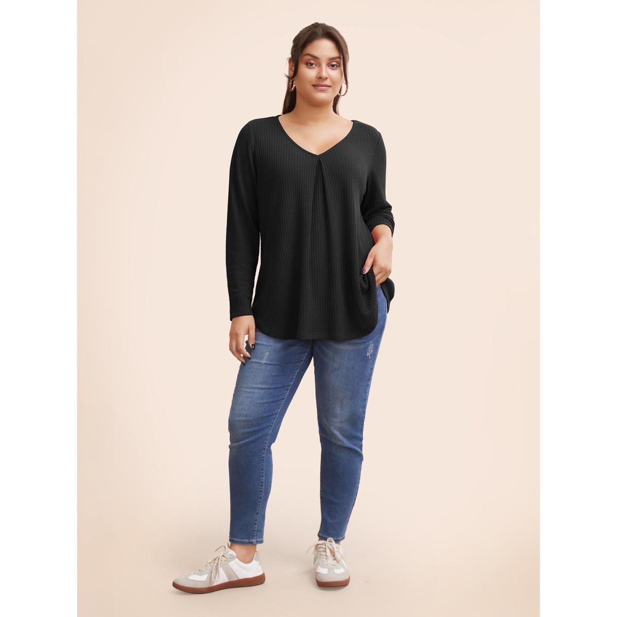 Plus Size Plain Waffle Knit Scoop Neck Plicated Detail T-shirt DarkGreen Women Leisure Non Plain V-neck Casual T-shirts BloomChic 18-20/2X Product Image