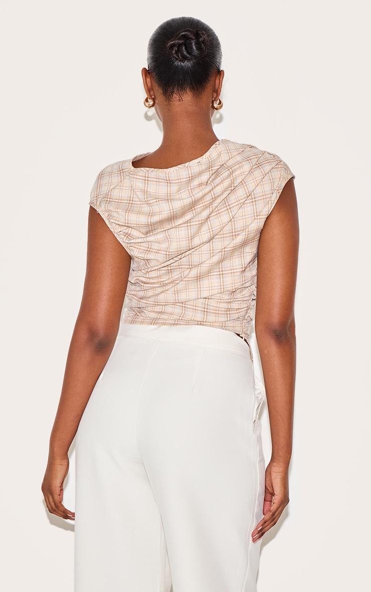 Beige Multi Checked Ruched Top Product Image