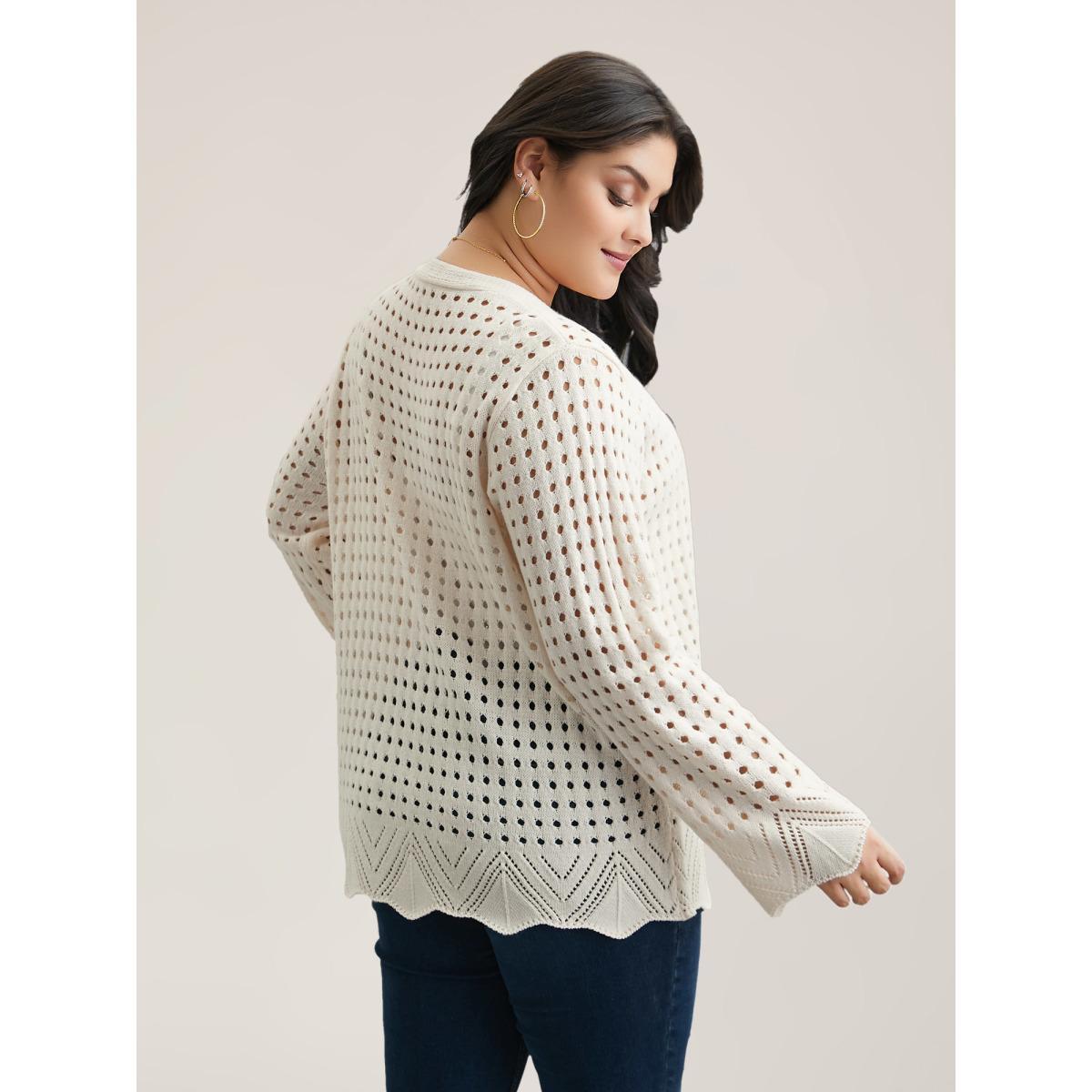 Plus Size Cut-Out Neck Tie Knit Cardigan Ivory Women Casual Loose Long Sleeve Everyday Cardigans BloomChic 22-24/3X Product Image