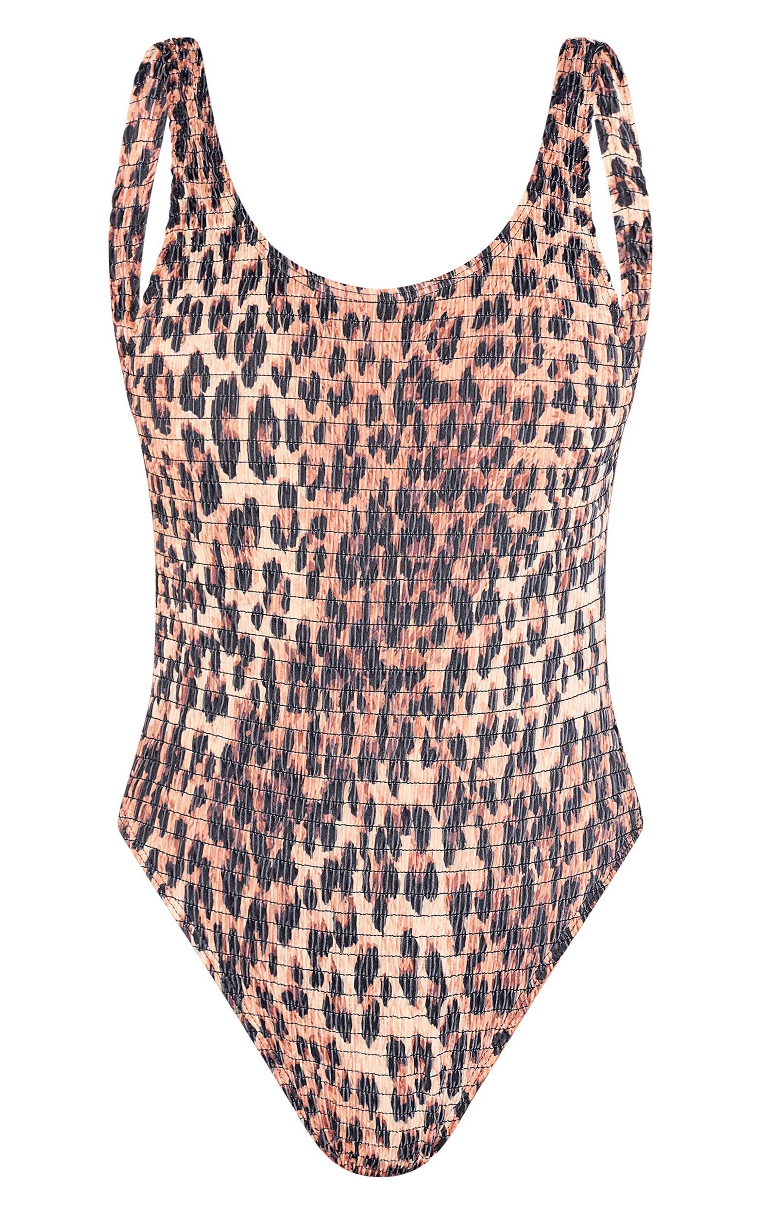 Brown Leopard Print Shirred Backless Swimsuit Product Image