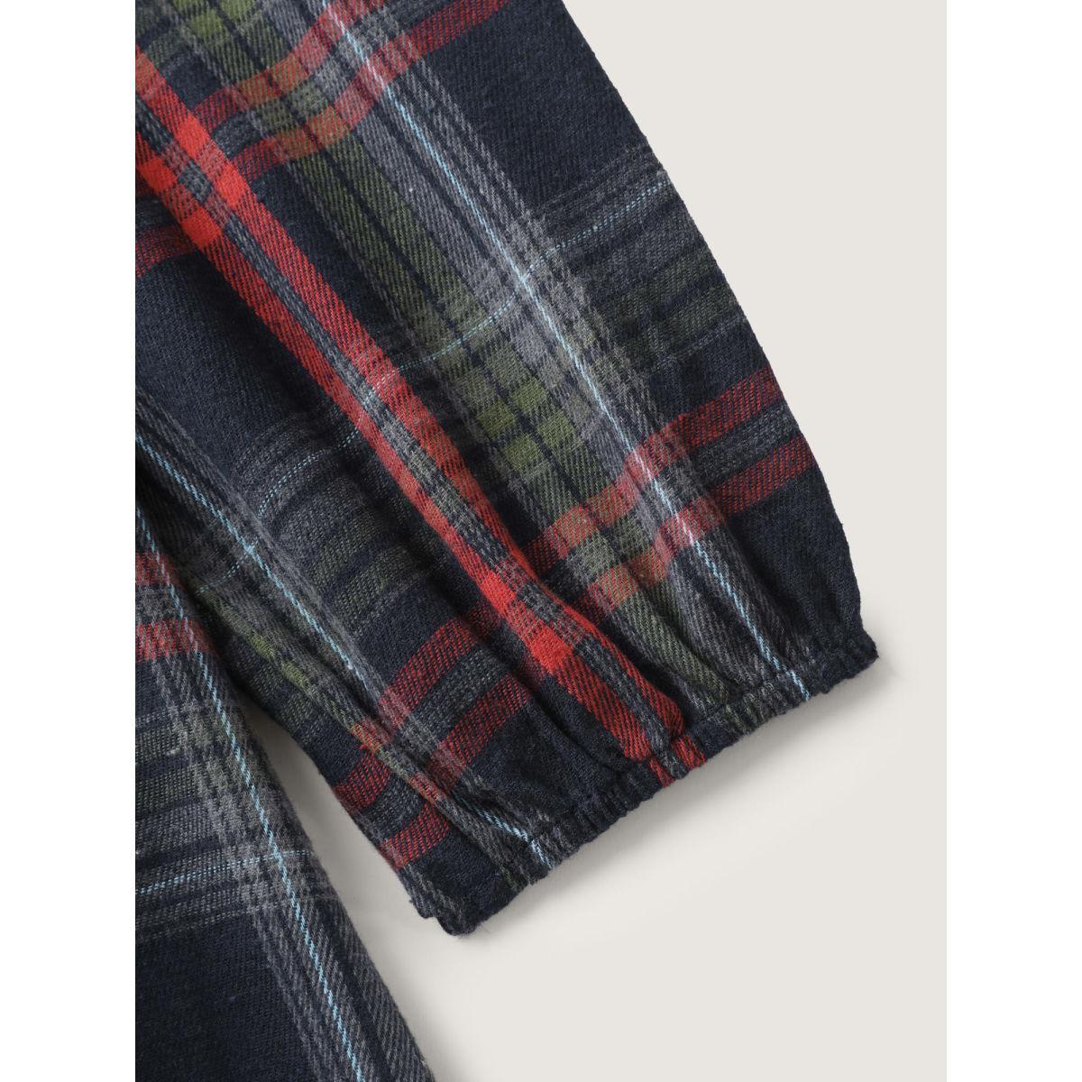 Plus Size Plaid Button Detail Pocket Belted Arc Hem Dress DarkBlue Women Leisure Pocket Shirt collar Long Sleeve Curvy Midi Dress BloomChic 28/5X Product Image