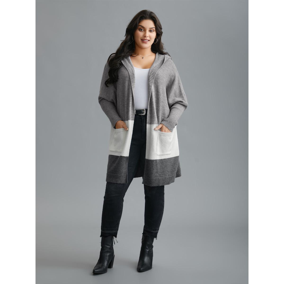 Plus Size Color Block Dolman Sleeves Hooded Knit Cardigan Mediumgray Women Casual Loose Long Sleeve Everyday Cardigans BloomChic 30/6X Product Image