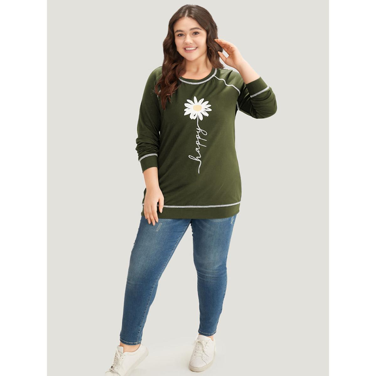 Plus Size Floral Print Stitch Crew Neck Raglan Sleeve Sweatshirt Women ArmyGreen Casual Elastic cuffs Dailywear Sweatshirts BloomChic 22-24/3X Product Image