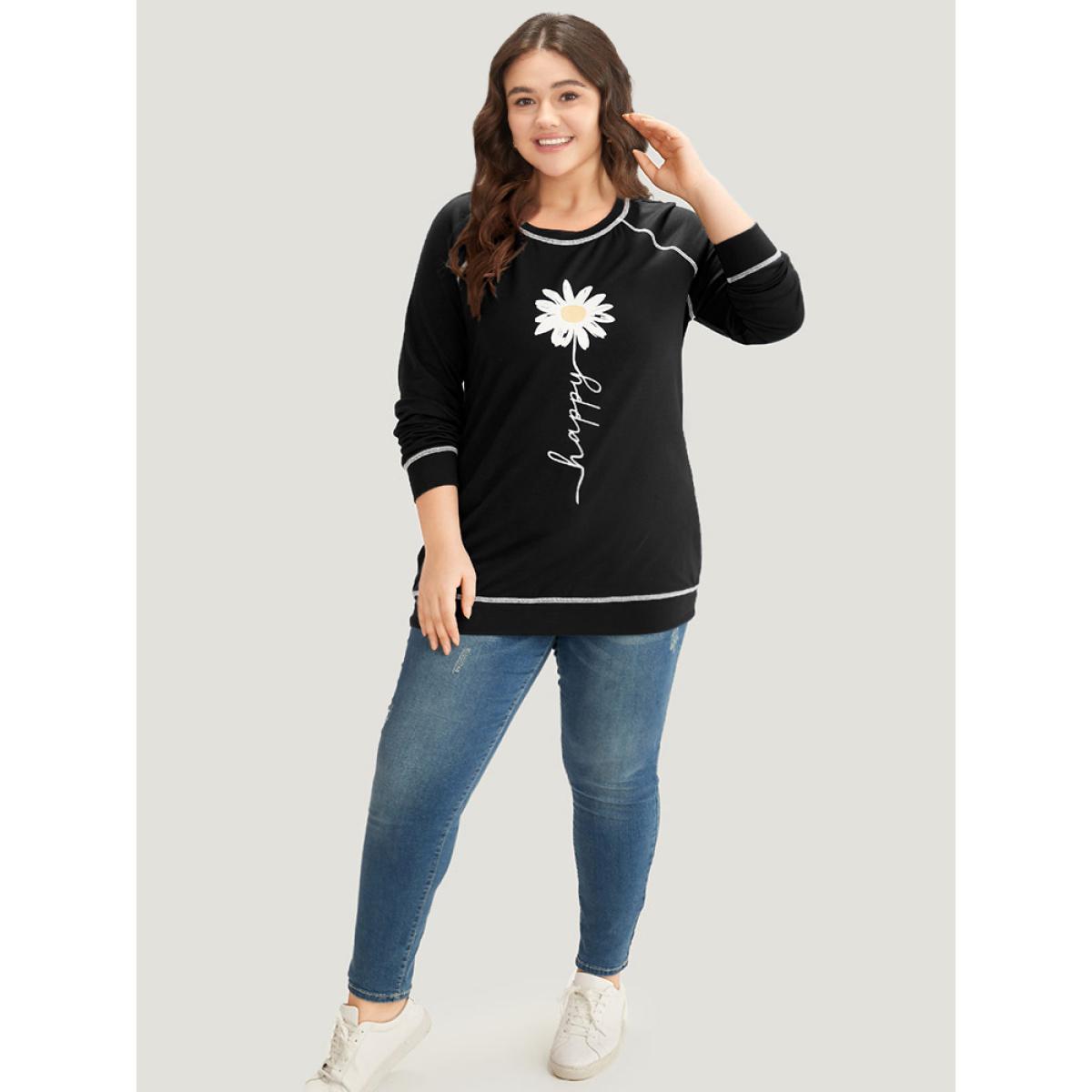 Plus Size Floral Print Stitch Crew Neck Raglan Sleeve Sweatshirt Women Black Casual Elastic cuffs Dailywear Sweatshirts BloomChic 30/6X Product Image