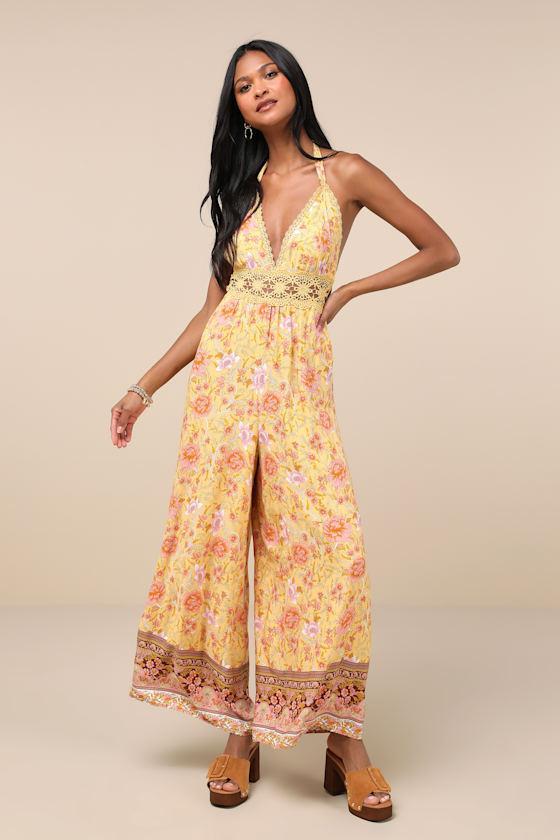 Blissful Presence Yellow Floral Crochet Lace Halter Jumpsuit Product Image