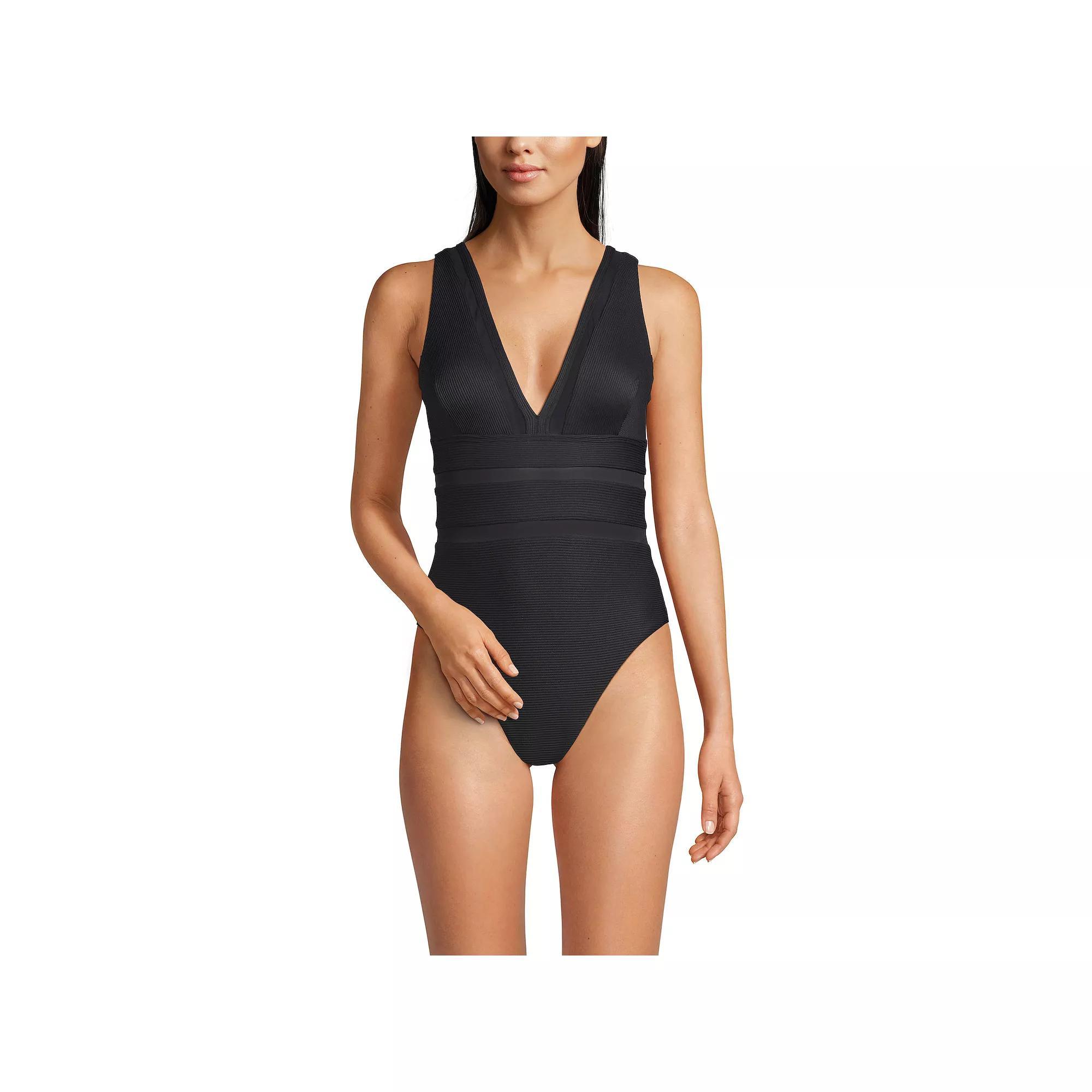 Women's Lands' End Mesh Ribbed Plunge High Leg One-Piece Swimsuit,  Product Image