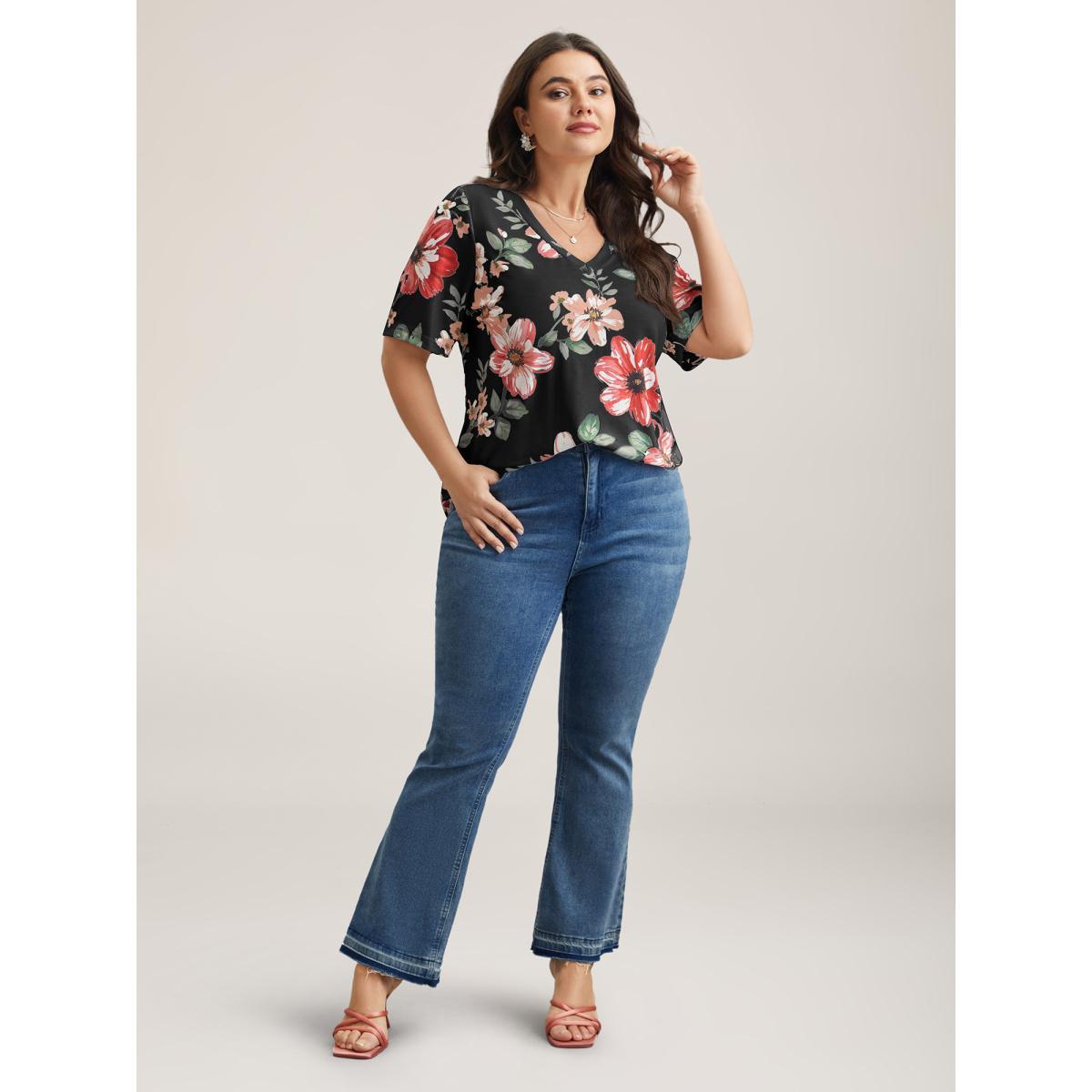 Plus Size Multi-Color Floral Print V-Neck T-Shirt Indigo Women Timeless Non Natural Flowers V-neck Elegant T-shirts BloomChic 12/L Product Image