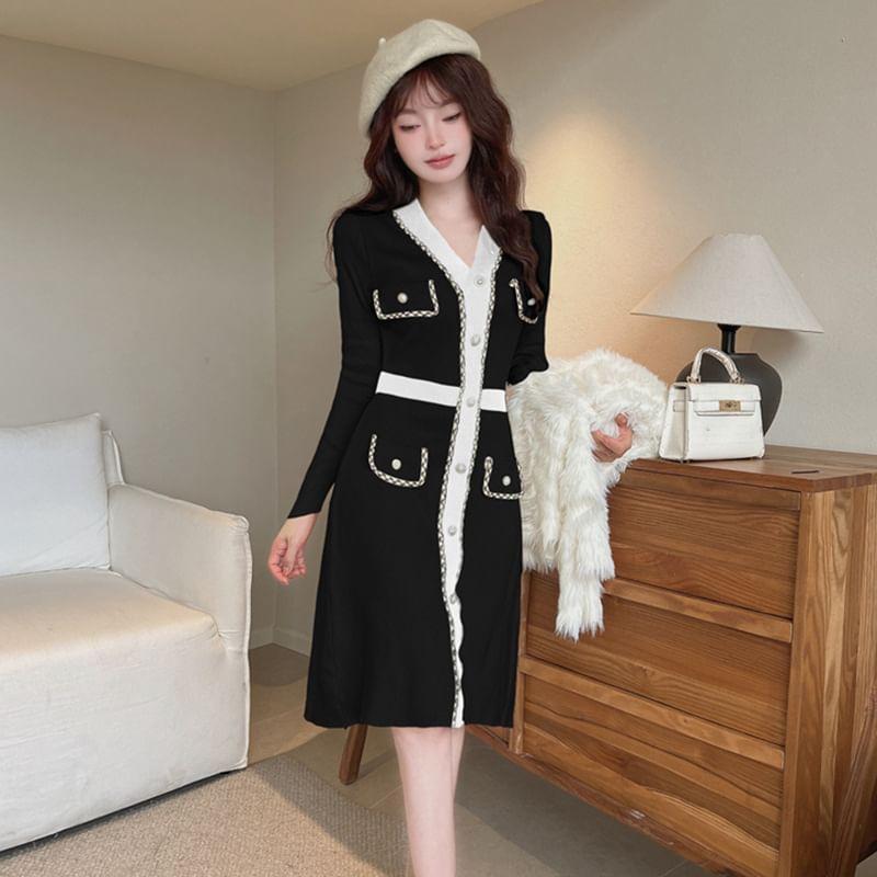 Long-Sleeve V-Neck Contrast Trim Button Sheath Knit Dress Product Image