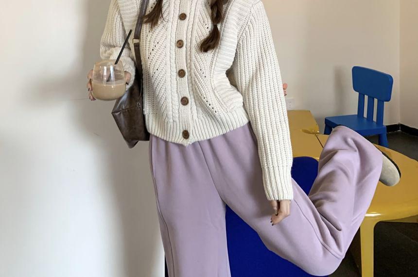 Round Neck Plain Cardigan / Mid Rise Wide Leg Pants Product Image