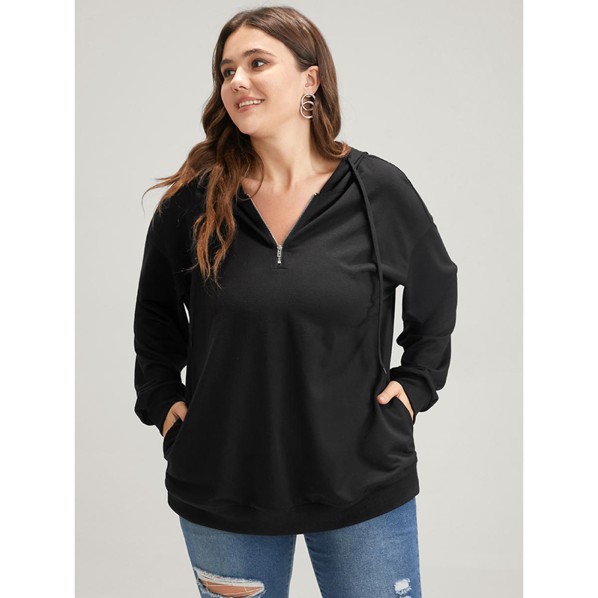 Plus Size Solid Zipper Front Pocket Drawstring Hooded Sweatshirt Women Black Casual Zipper Hooded Dailywear Sweatshirts BloomChic 30/6X Product Image