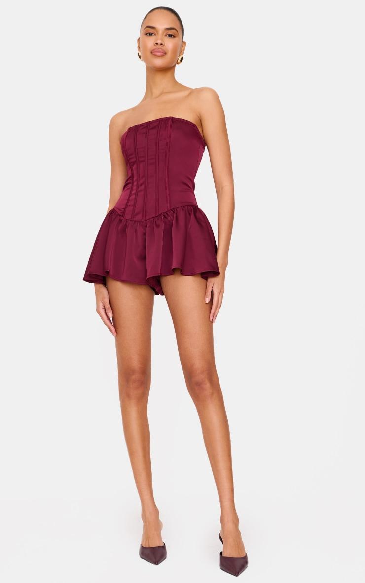 Burgundy Satin Corset Detail Bandeau Romper Product Image