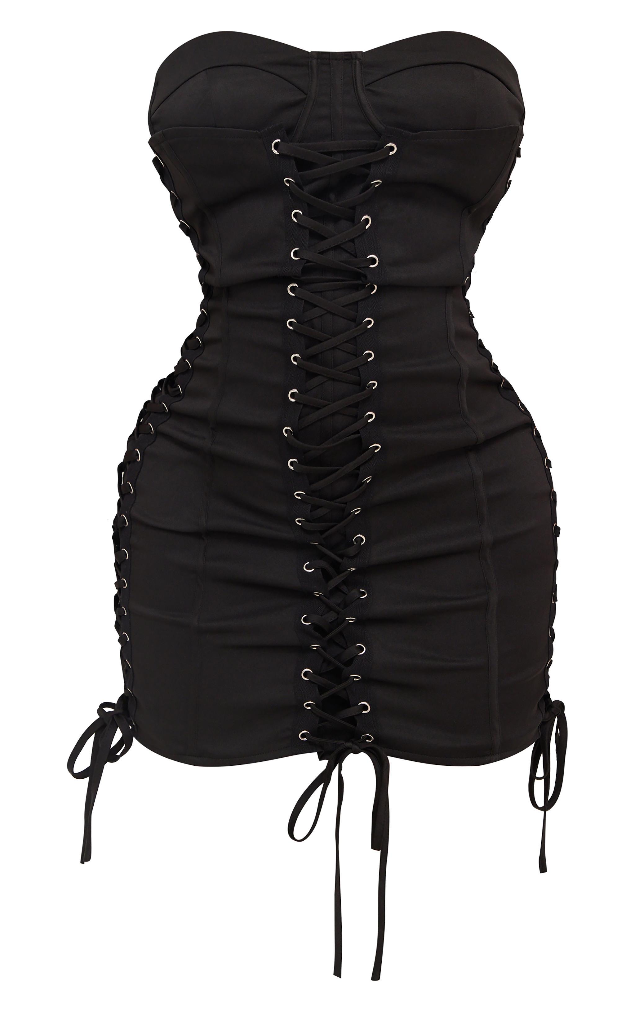 Shape Black Woven Lace Up Corset Bandeau Bodycon Dress Product Image