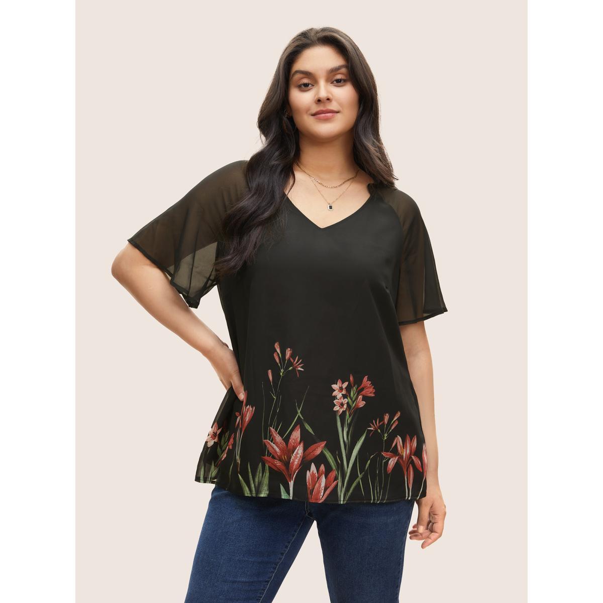 Plus Size Black Boho Print Mesh Patchwork Frill Trim Blouse Women Elegant Short sleeve V-neck Everyday Blouses BloomChic 12/L Product Image