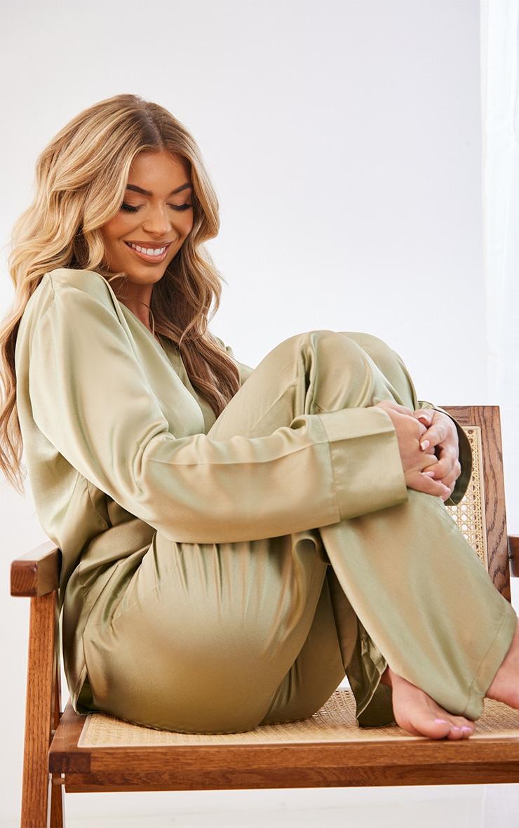 Sage Green Oversized Satin Long PJ Set Product Image