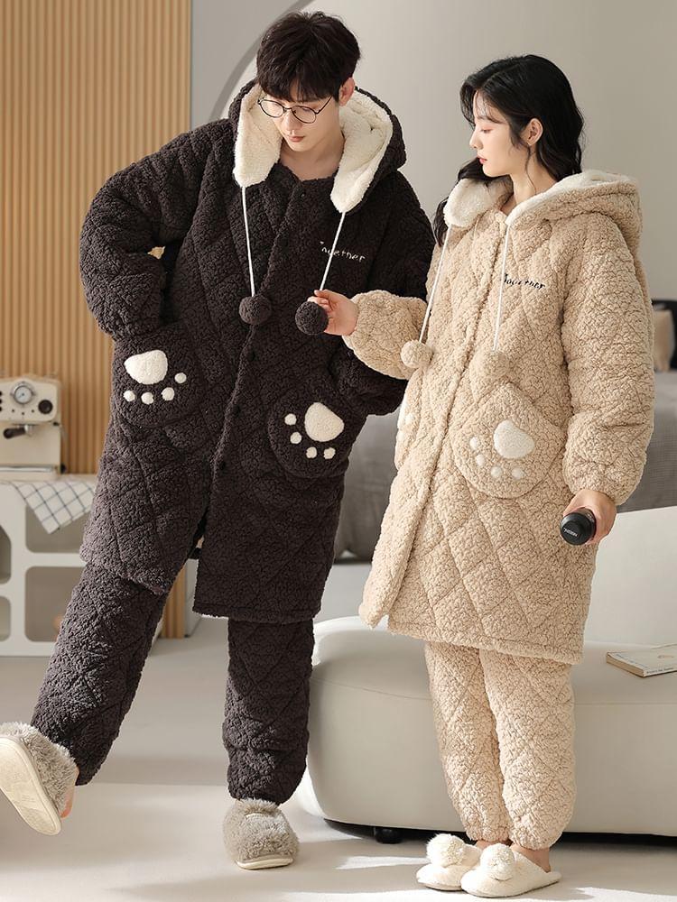 Couple Matching Pajama Set: Cartoon Patterned Hood Coral Fleece Button Jacket + Straight Leg Pants Product Image