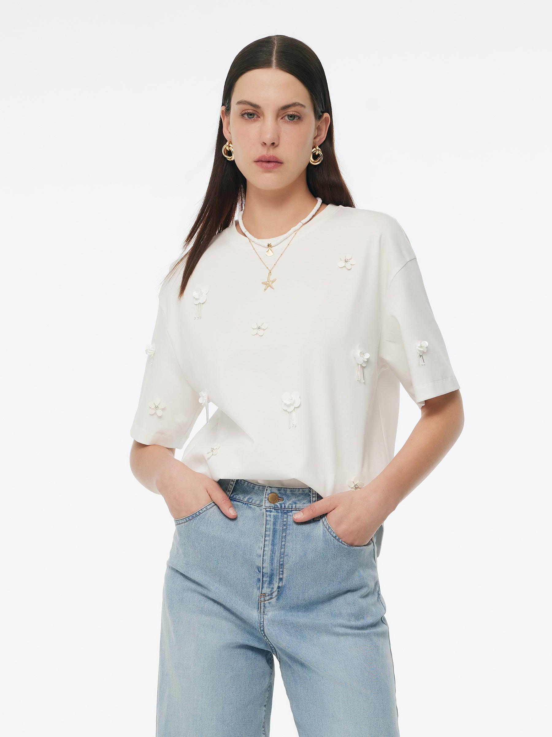 100% Cotton 3D Floral Beaded Women T-Shirt Product Image