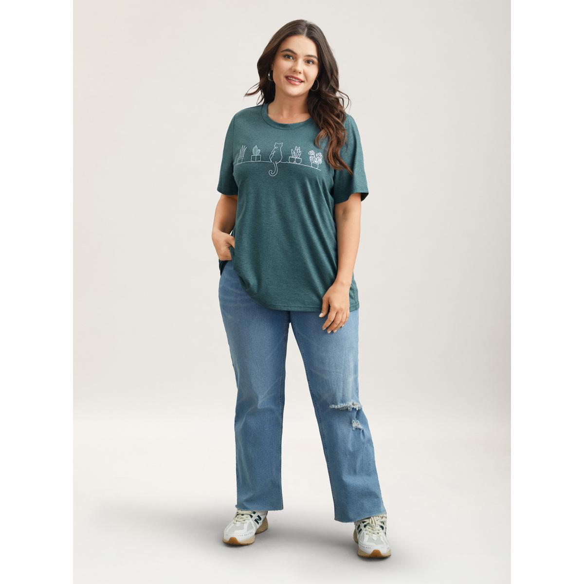 Plus Size Cat Print Crew Neck Stretchy T-Shirt DarkGreen Women Leisure Non Art&design Round Neck Casual T-shirts BloomChic 14-16/1X Product Image