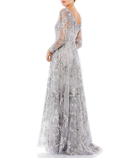 Mac Duggal Floral Embroidered Sequin Illusion Boat Neck Long Sleeve Gown Product Image