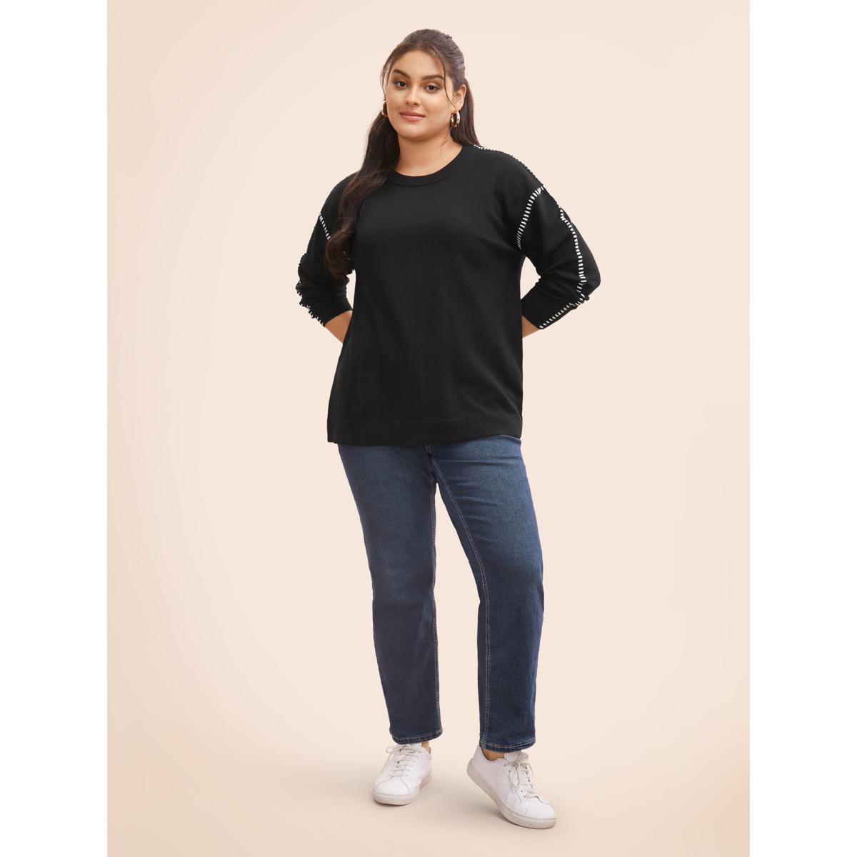 Plus Size Crew Neck Contrast Trim Drop Shoulder Pullover Black Women Casual Long Sleeve Round Neck Everyday Pullovers BloomChic 12/L Product Image