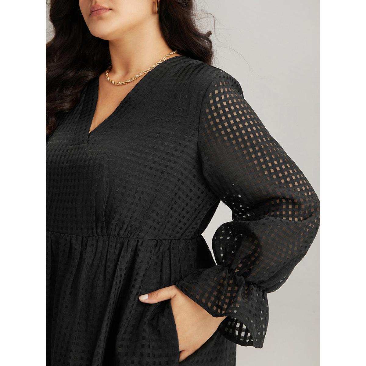 Plus Size Solid Pocket Mesh Frill Trim Dress Black Women Elegant See through V-neck Long Sleeve Curvy Midi Dress BloomChic 22-24/3X Product Image