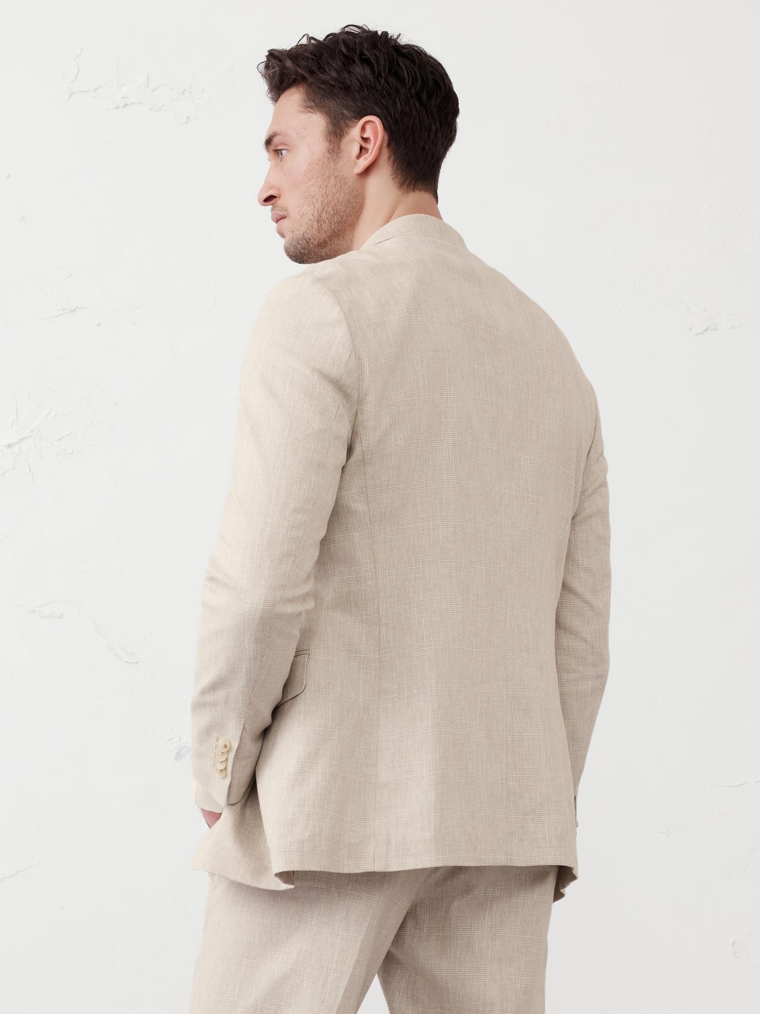 Tailored-Fit Linen-Blend Stone Glen Plaid Suit Jacket Product Image