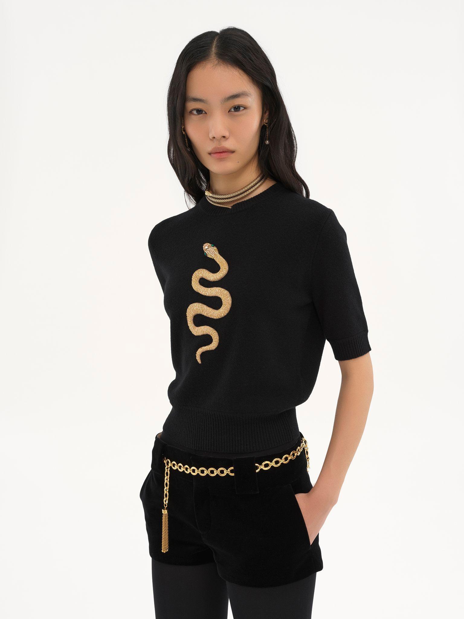 Embroidered short-sleeve sweater in wool & cashmere knit Product Image