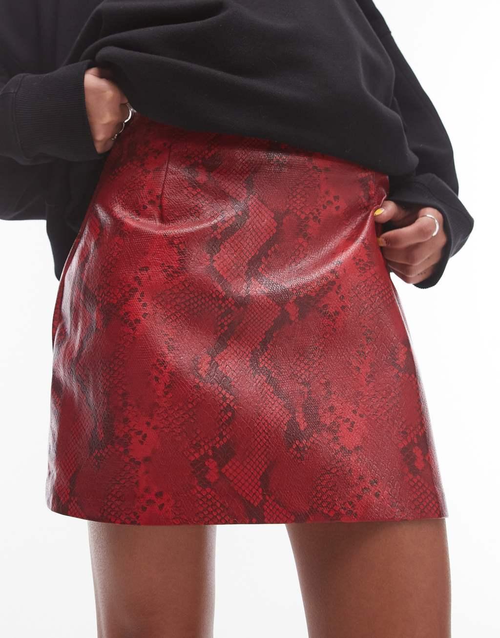 Topshop faux leather pelmet skirt in red snake Product Image