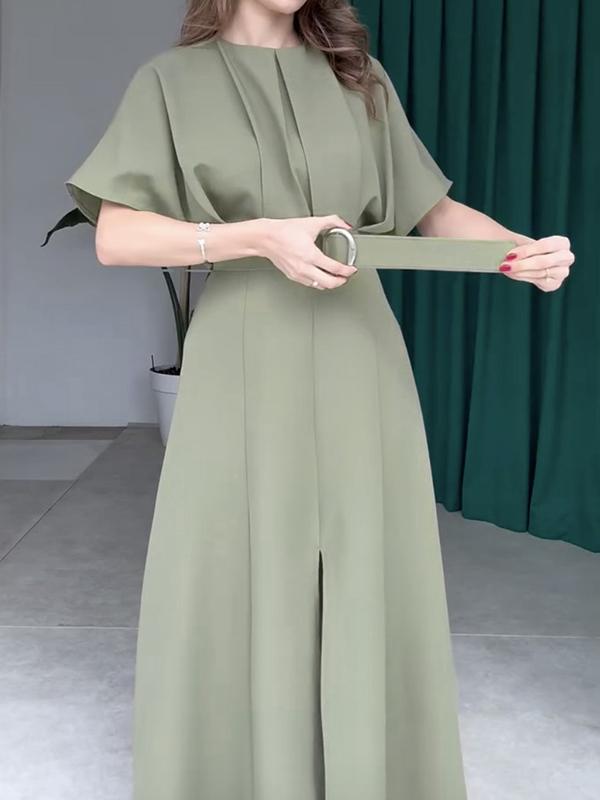 Loose Raglan Sleeve Pleated Split-Front Split-Joint Tied Waist Round-Neck Maxi Dresses Product Image