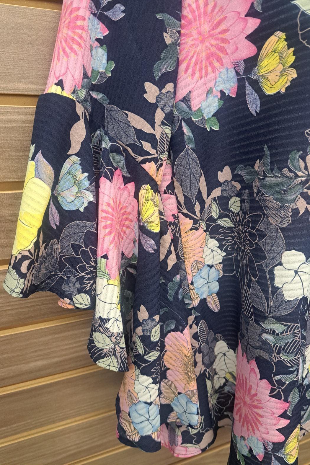 Blue floral bell sleeve back tie top Product Image