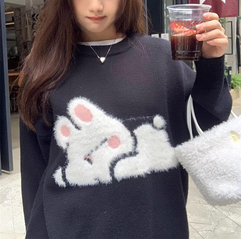 Long Sleeve Round Neck Bunny Oversized Sweater Product Image