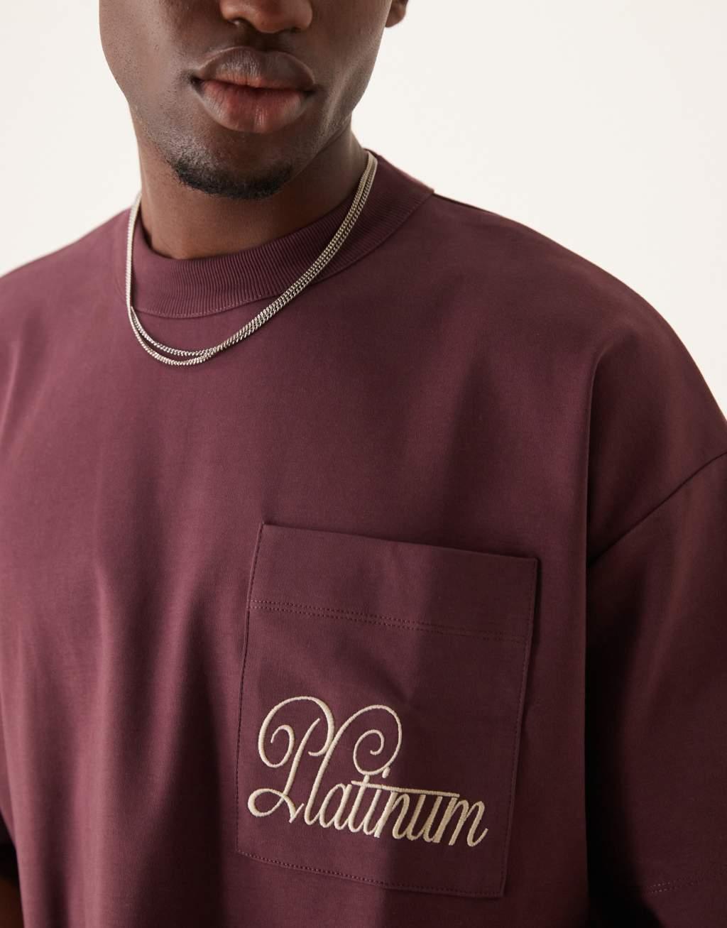 ASOS DESIGN boxy oversized t-shirt in premium heavyweight 300gsm burgundy with pocket print Product Image
