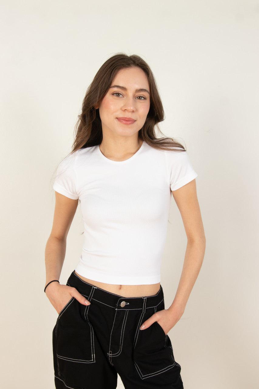 White Seamless Crew Neck Shirt Product Image