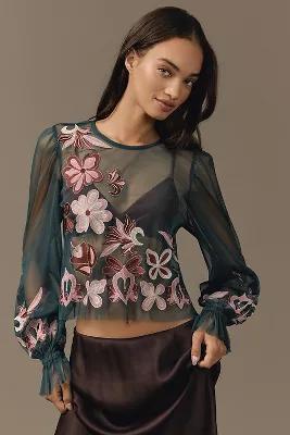 By Anthropologie Long-Sleeve Embroidered Mesh Top Product Image